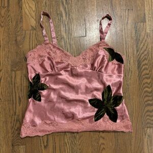 Pink Satin Cami with Lace Details and Velvet Appliqués